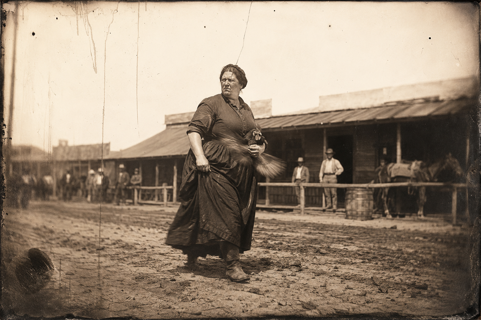 Peach comes picking her way across the main street toward the jail, carrying her red rooster.
