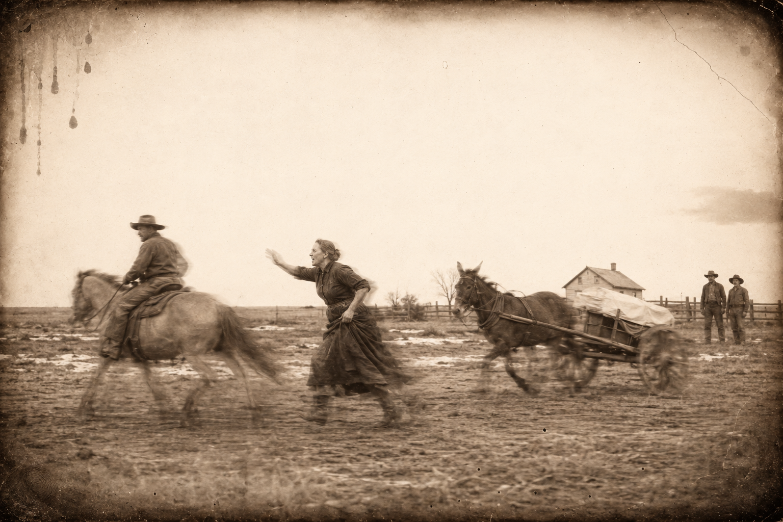 Clara strides beside the moving horse pouring out her contempt until Call puts the mule and the dun into a trot and the buggy bounces away over the rough plain.