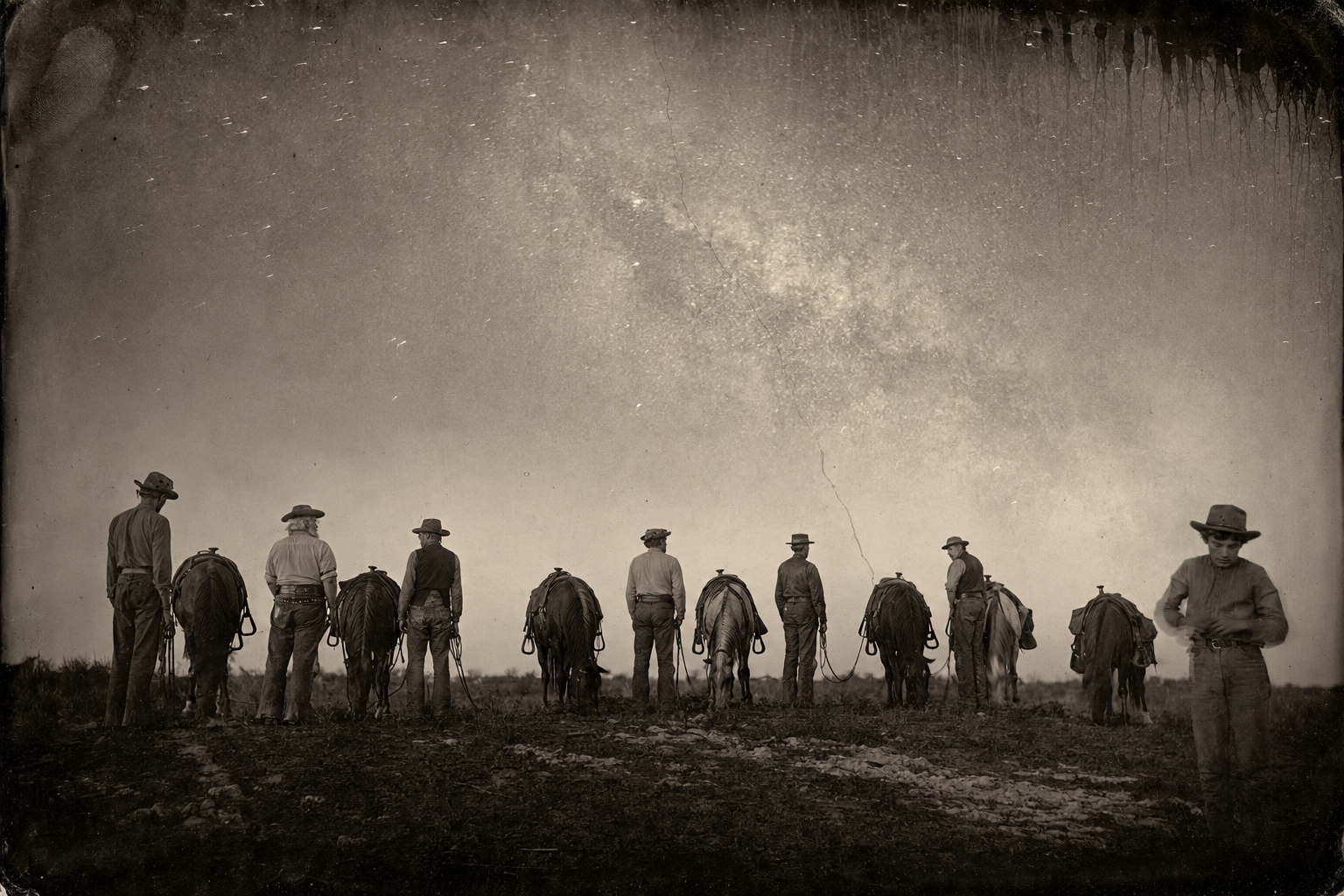 The halt under the Milky Way — the men dismount at the ends of their reins to relieve themselves, each turned slightly away, and Newt cannot make water.