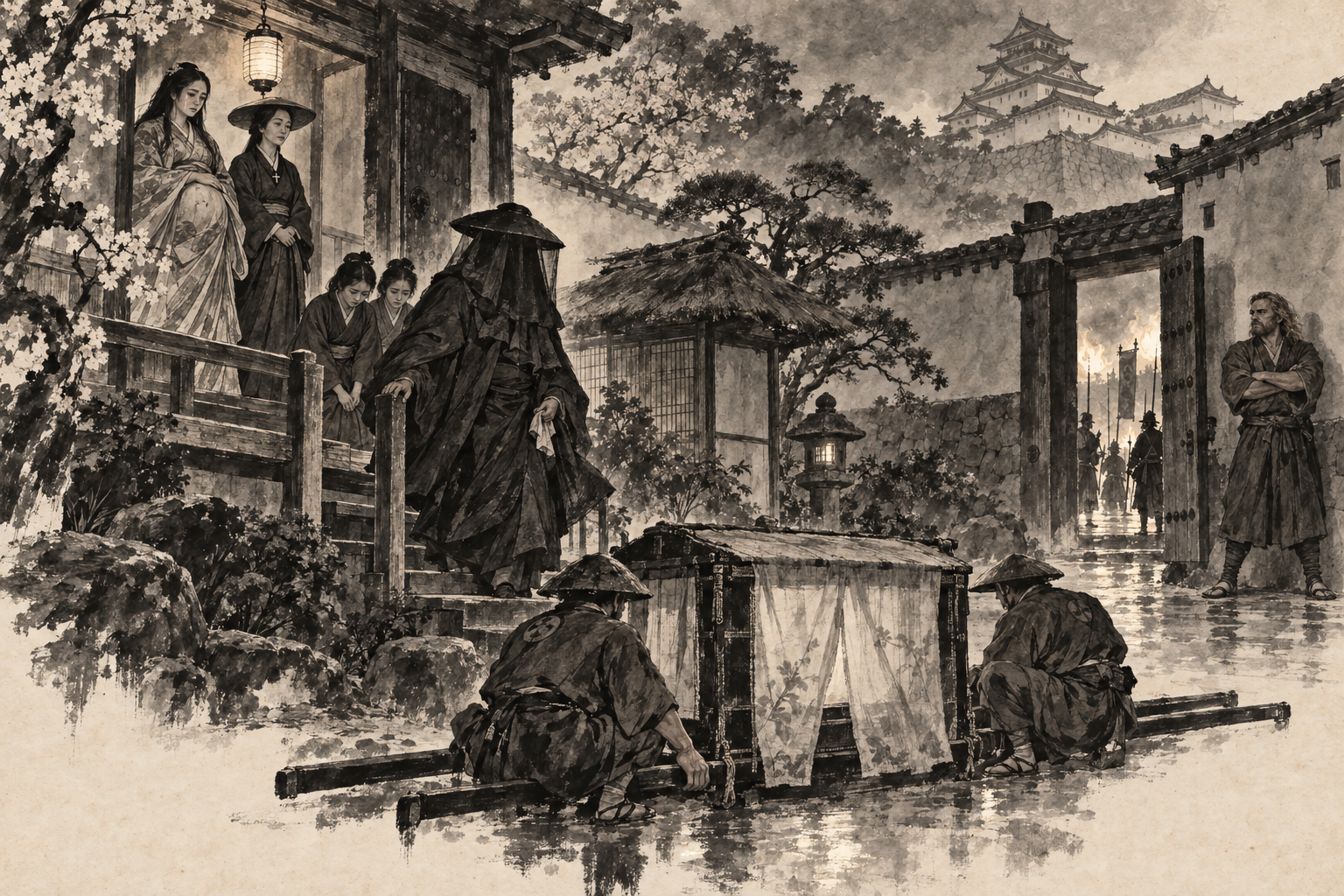 The veiled lady comes down to her litter
