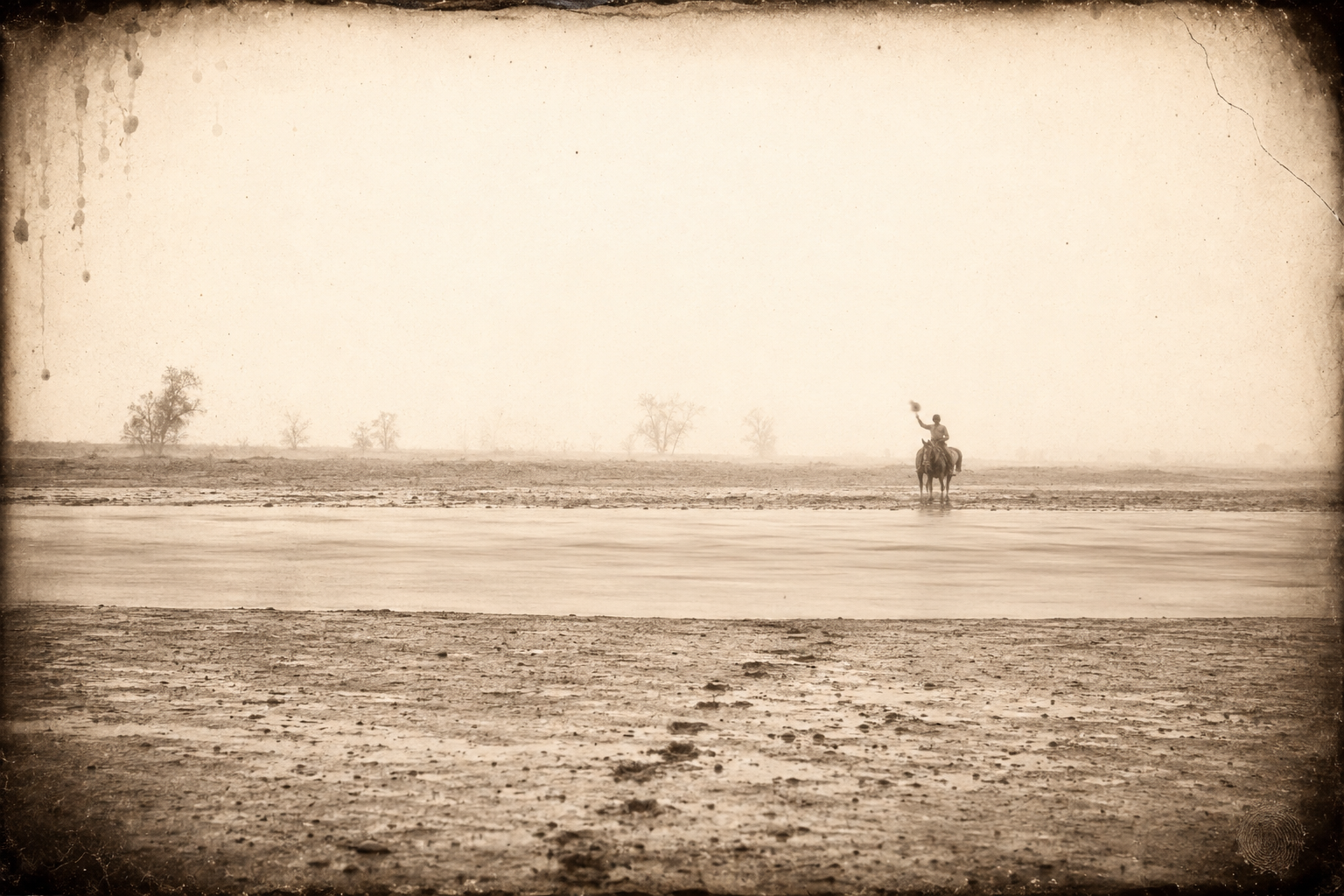 Deets crosses the channel alone, picks his way over the far sand, dislikes the crossing, and waves the others back with his hat before loping off downriver.