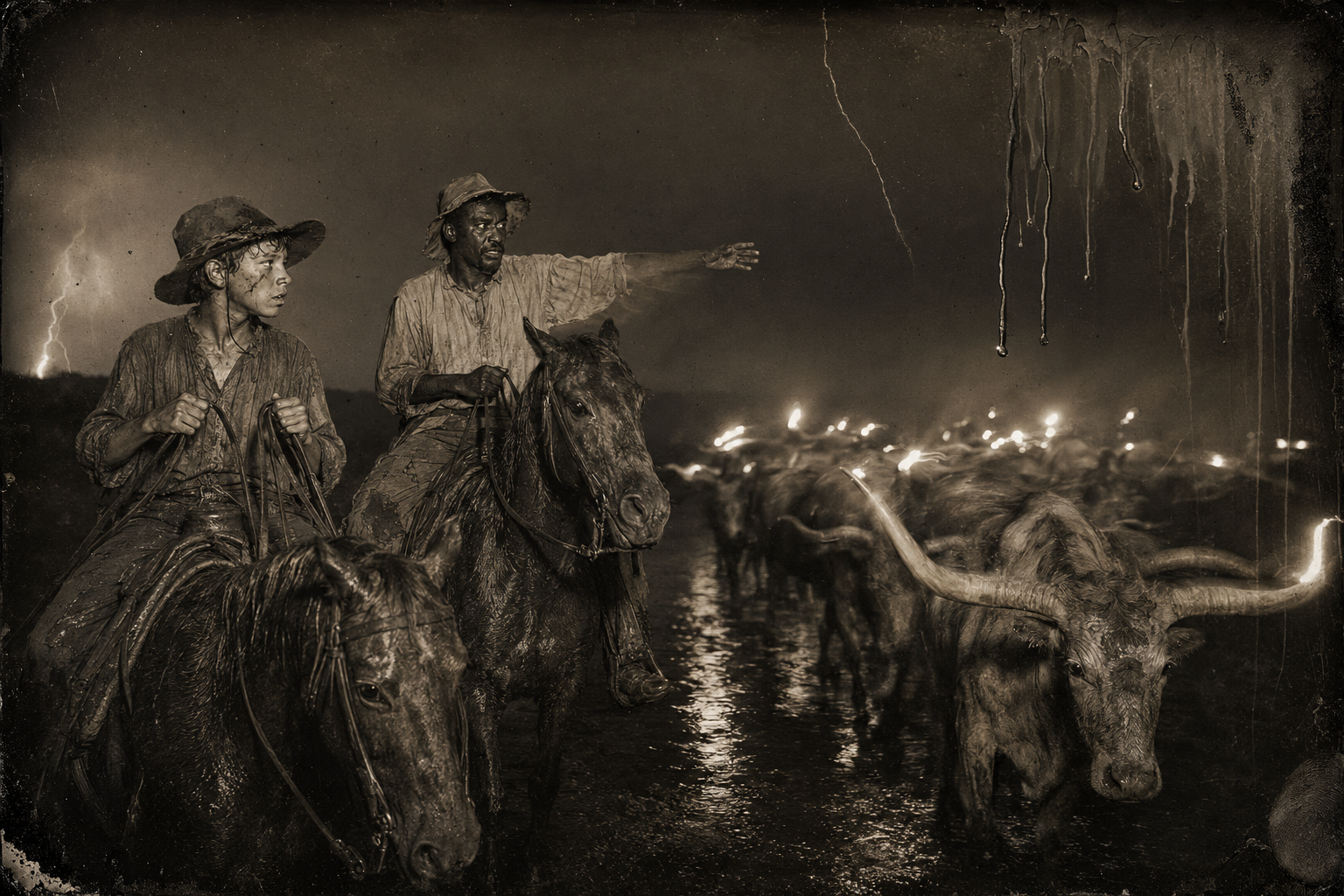 Little blue balls of fire roll along the cattle's horns, and Deets comes out of the dark alongside Newt to tell him to ride off the cattle.