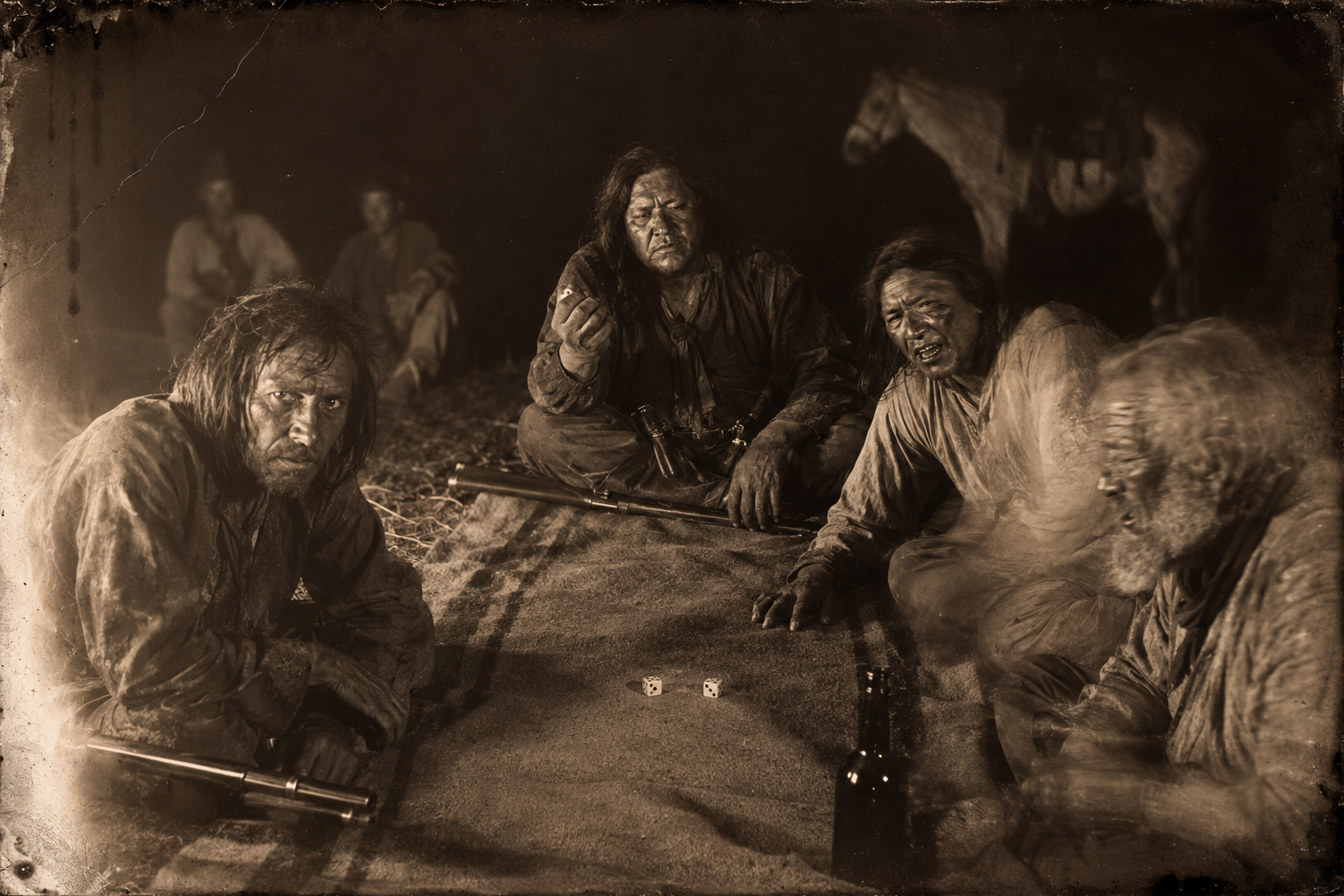 Blue Duck spreads a blanket by the fire and rolls the dice, and by the end of the hour he has won every horse in both camps.