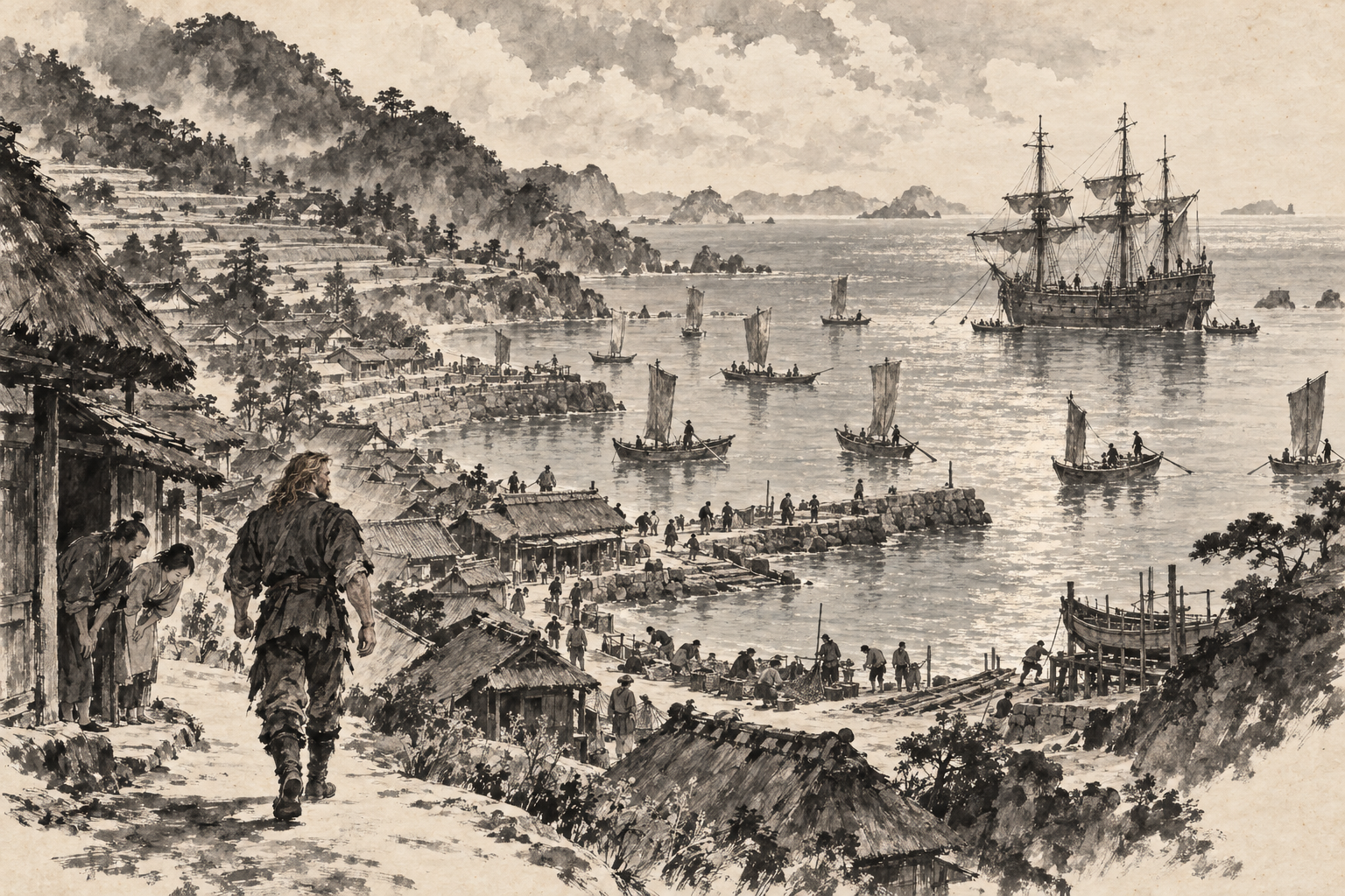 Anjiro harbour and the Erasmus at anchor