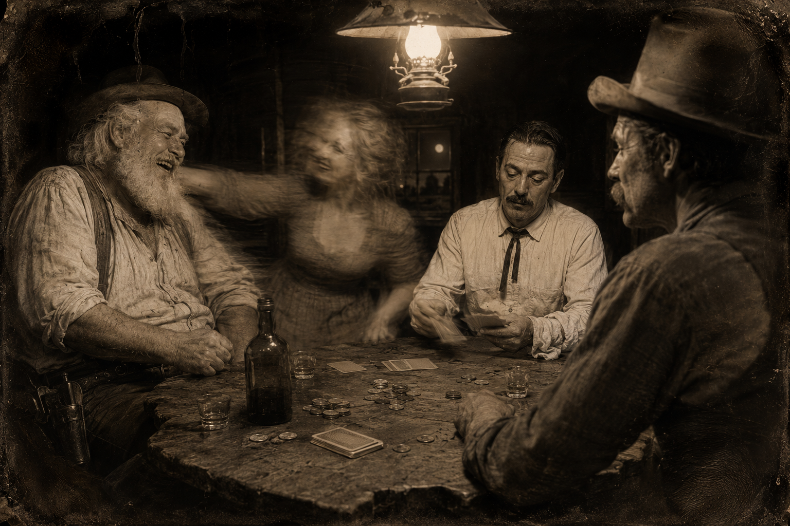 The card game at its height — Lorena wins a pot, laughs out loud and punches Augustus with her fist, while Xavier deals and Dish falls worse in love than ever.