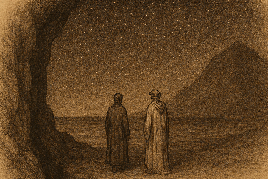 Dante and Virgil emerging from a narrow rocky cleft onto an open shore beneath a vast night sky scattered with stars.