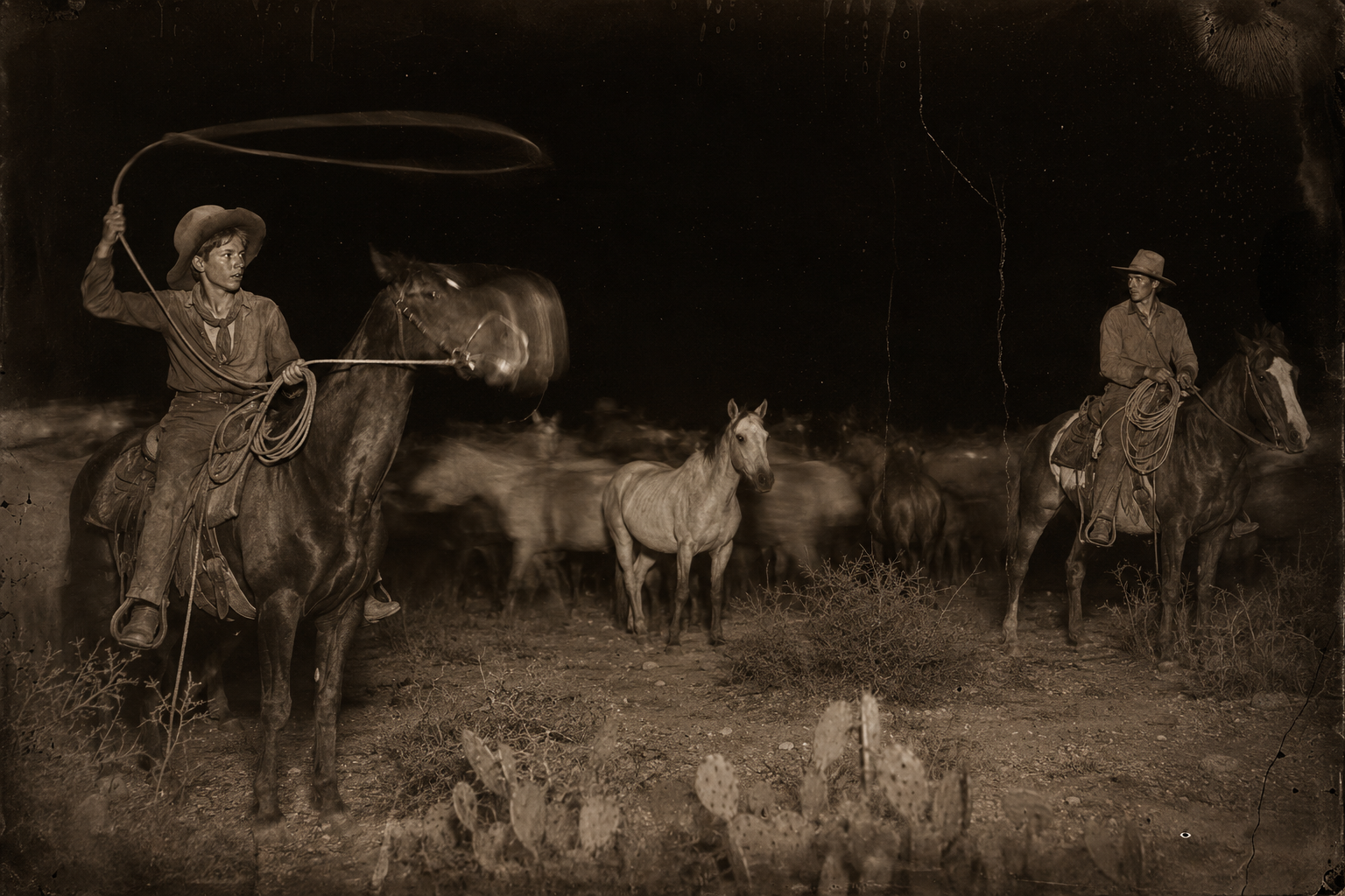 Newt, handed the Captain's rope, catches his first horse in the dark — and Dish Boggett trots over unasked and casually ropes a second.