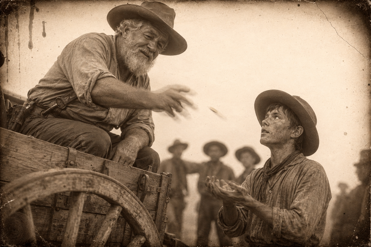 Augustus flips a ten-dollar gold piece down to Newt from the wagon seat and hands the others theirs — a bonus, for a frolic before the far north.