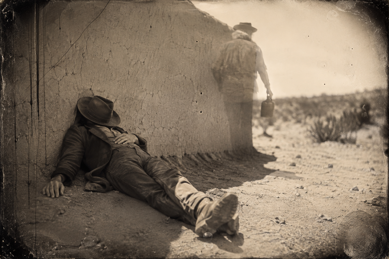 Jake pulls his hat over his face and is asleep within two minutes, leaving Augustus to put the jug away and walk off down Hat Creek.