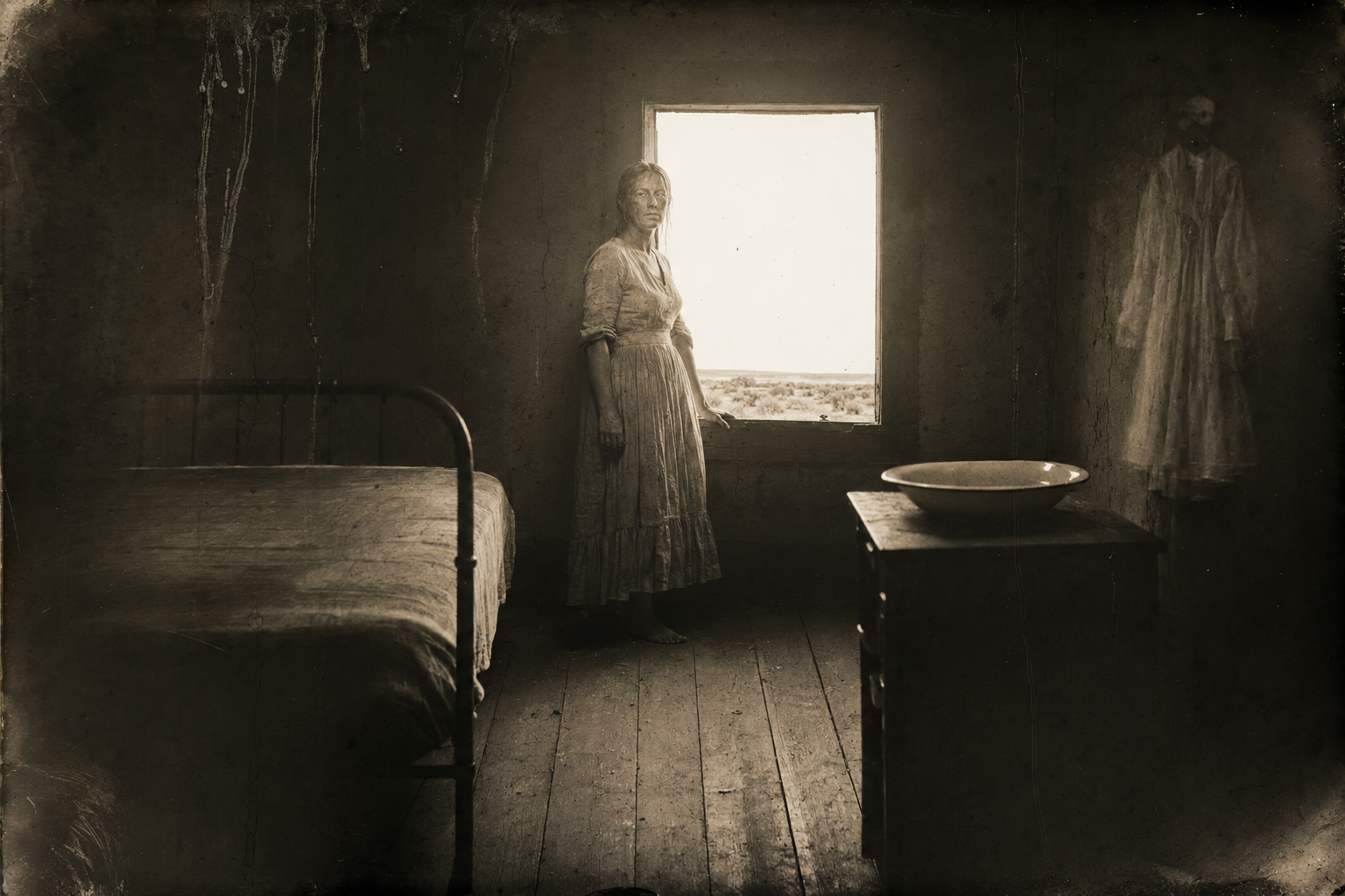 Lorena at her upstairs window in the July heat, looking out at brown land, grey chaparral, the river and Mexico beyond.