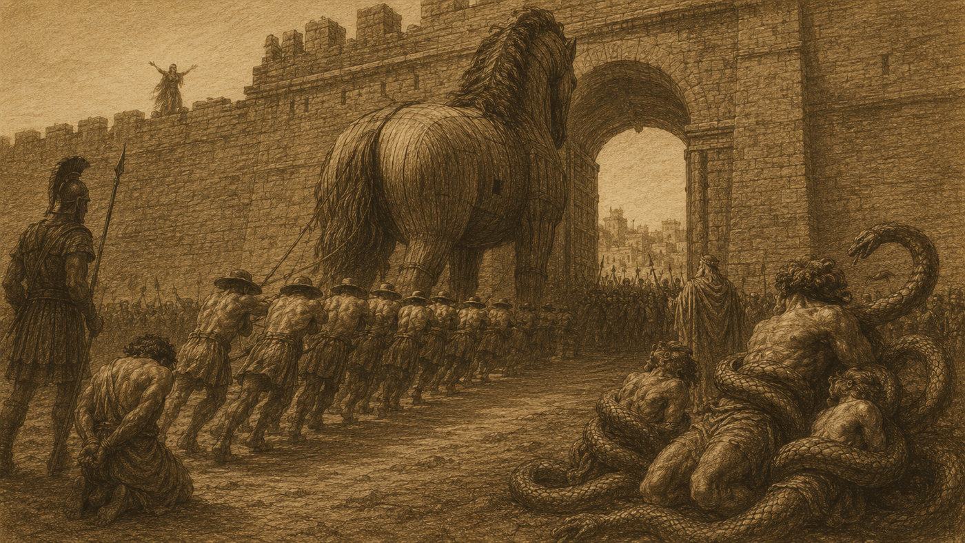 Pen-and-ink: The Building of the Wooden Horse
