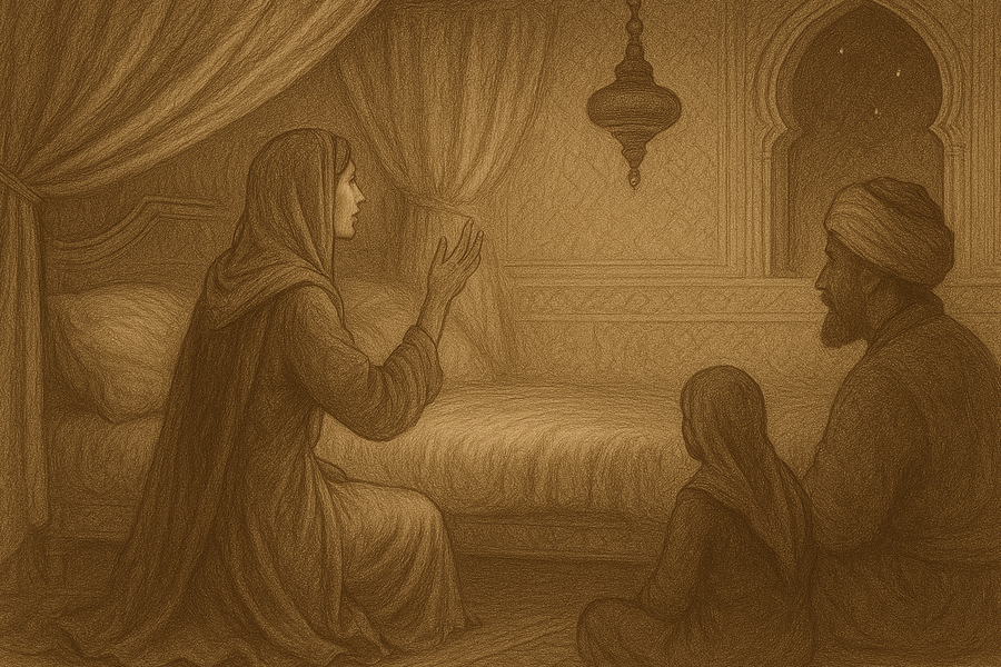Shahrazad seated by lamplight beside the bed of King Shahrayar with young Dunyazad listening at the foot of the bed, the night beginning.