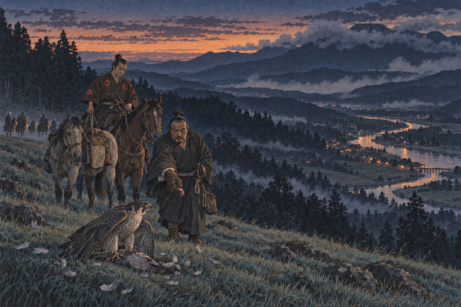 The falcon on her kill at dusk