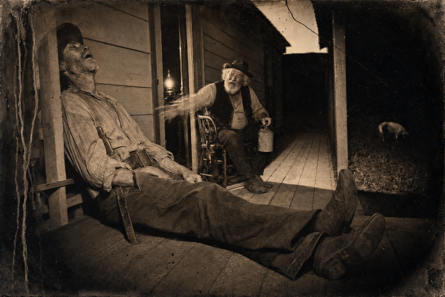 Augustus tells Pea Eye why Call really goes to the river — "Call's got to be the one to out-suffer everybody" — while Pea Eye slides back into his doze against the railing.
