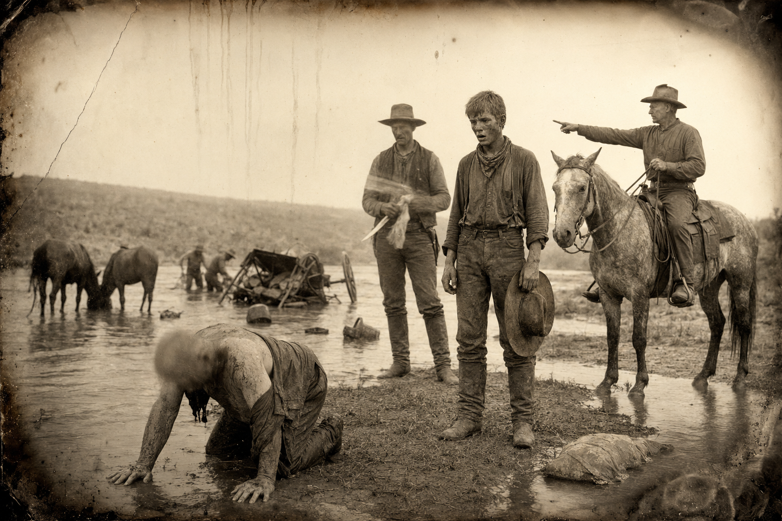 Lippy revives on the bank and belches river water while Call, riding up from the head of the herd, points at the sack of flour spoiling in the shallows.