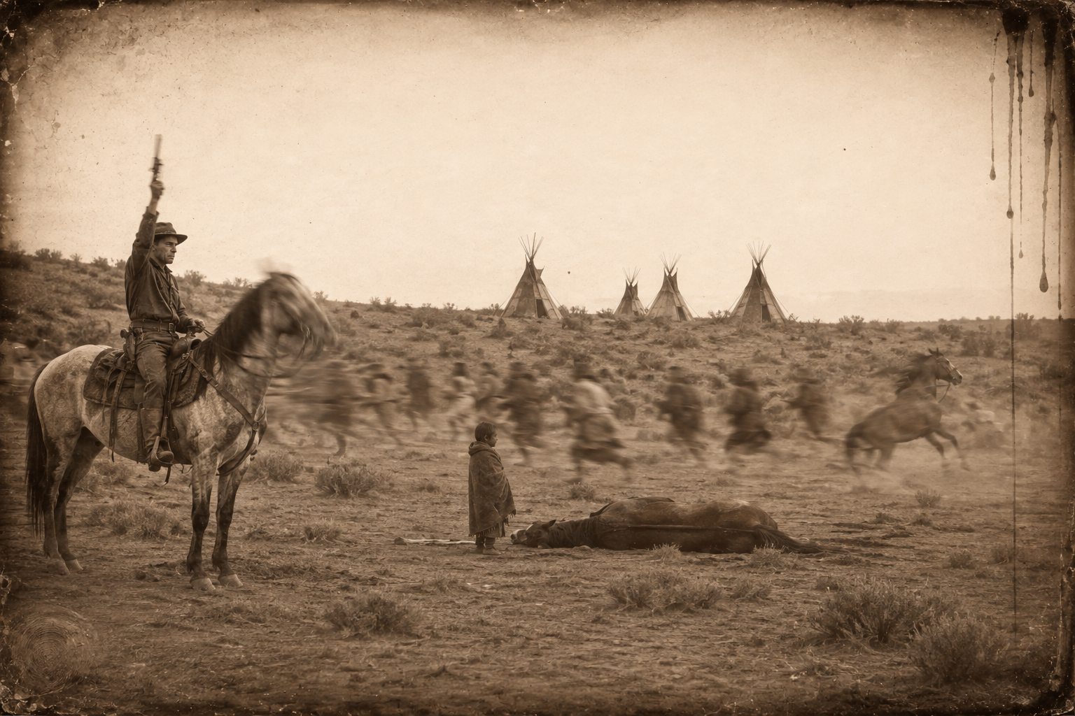Call fires into the air to save the sorrel; the whole band scatters toward the tepees, and one small child, too young to follow and unable to see, is left standing alone at the dead horse's head.