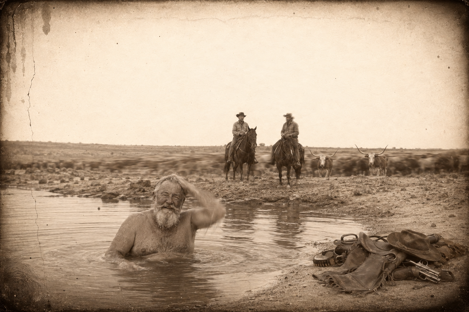 Before the dry drive, Gus strips off and takes a long bath in the little stream while the men holding the herd watch him.
