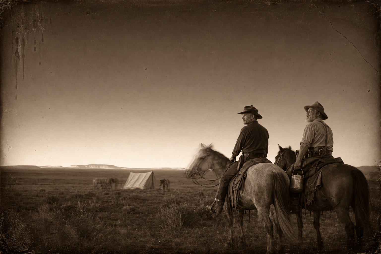 Call and Augustus draw rein fifty yards short of Lorena's tent at dusk and look north to the Blue Mounds.