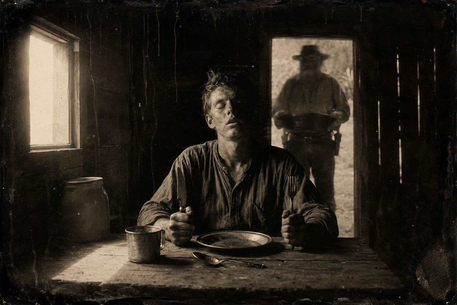 Augustus carries the browned biscuits inside and finds Newt at the table, bolt upright with a knife in one hand and a fork in the other, sound asleep.