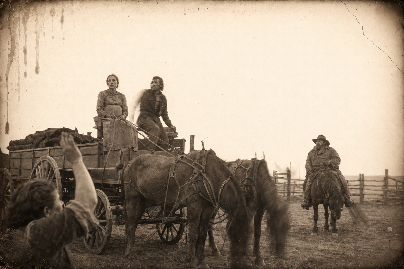 The hide wagon draws rein at the lots and Elmira, heavy with child on the wagon seat, asks whether they are to Nebraska yet and whether anyone knows Dee Boot.