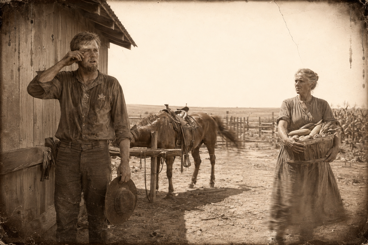 Behind the saddle shed July stands up from weeping and sees Clara, back from the garden with her basket, who asks only whether Elmira left and then tells him to come shuck corn.