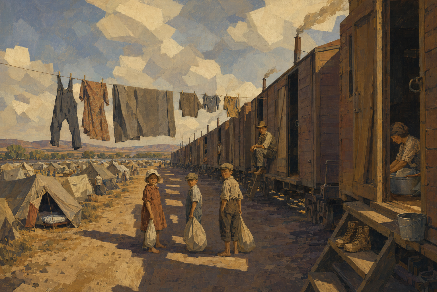 The boxcar camp beside the stream