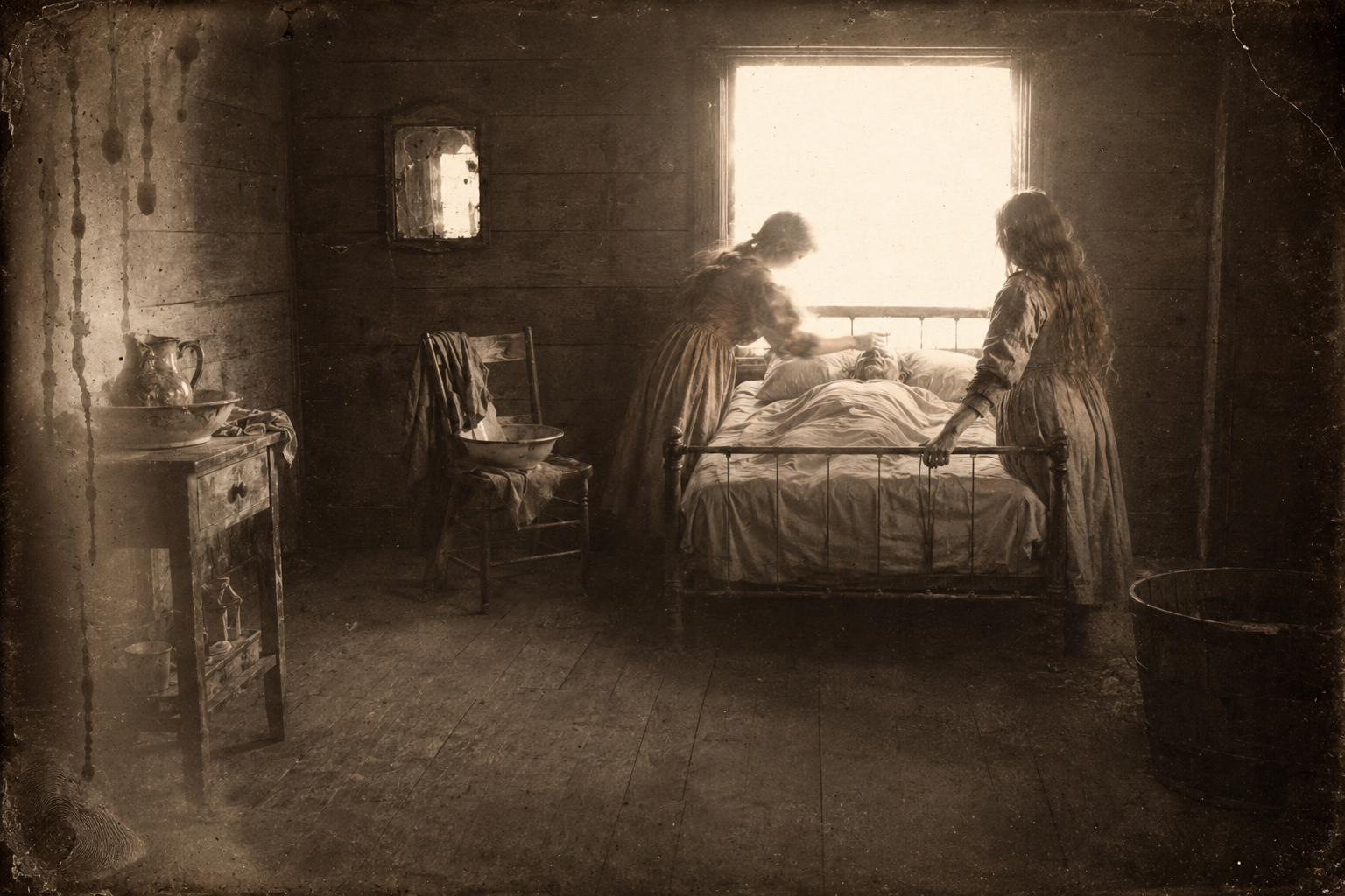 Sent in against their will, the girls sit with their father and wipe his face, while Bob lies awake and unmoving with his eyes on the ceiling.