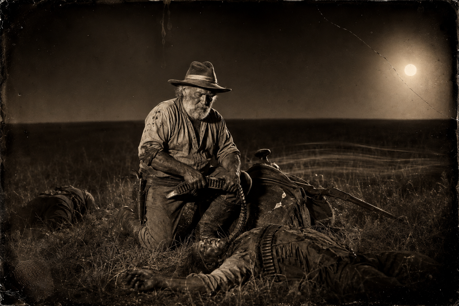 At full dark he pulls his saddle loose and walks out, stopping at each dead man to salvage what cartridges he can and taking one good Winchester as insurance.