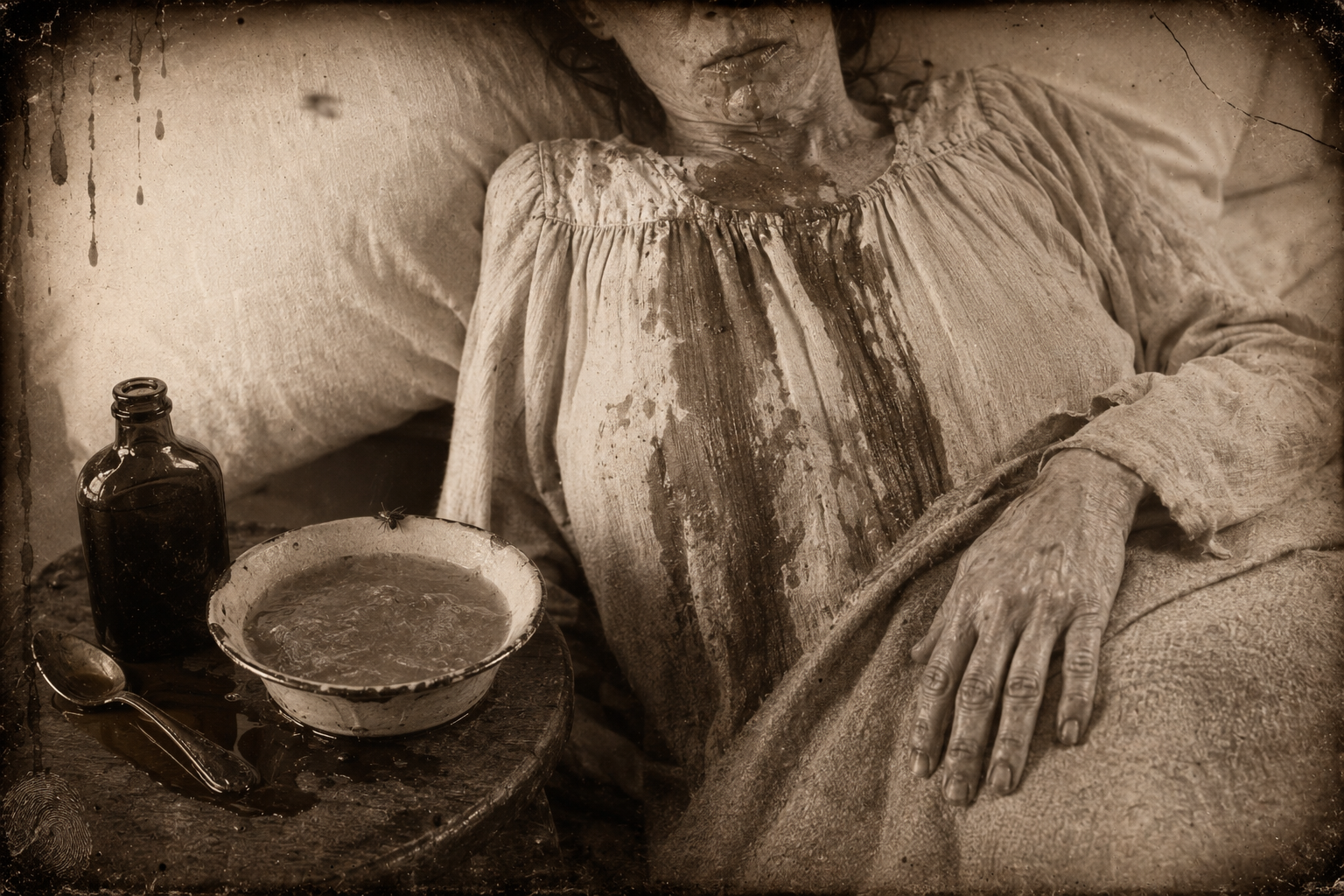She spits out her medicine and then the soup, letting it dribble down the gown the doctor gave her, wanting to die.