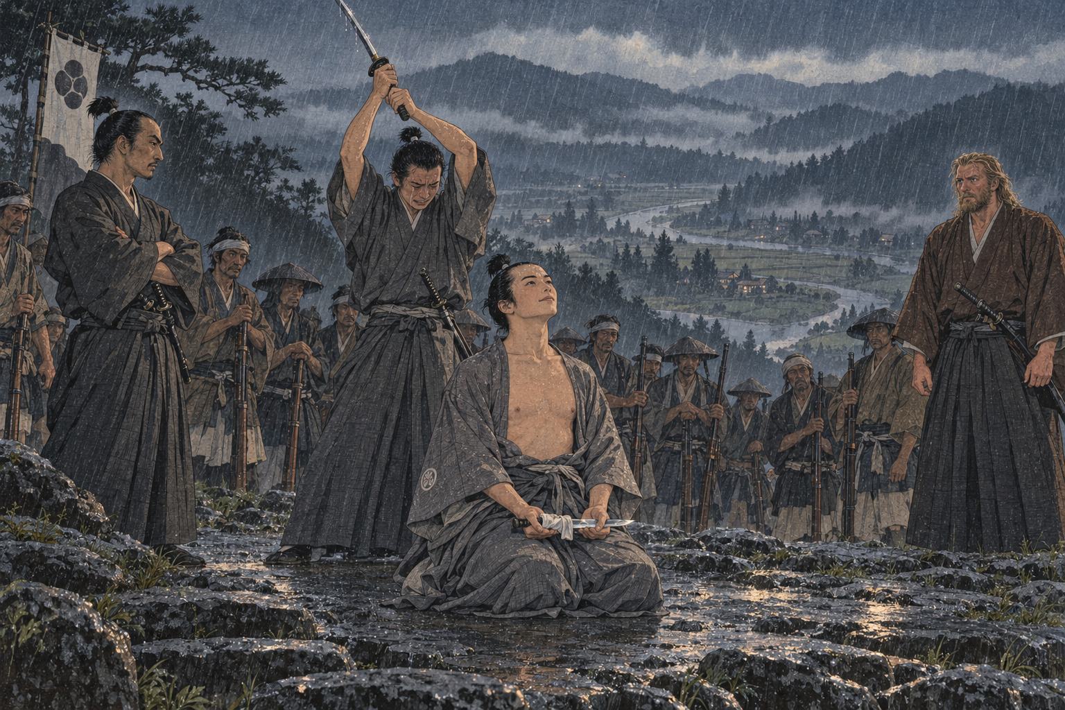 Kenko kneels for seppuku