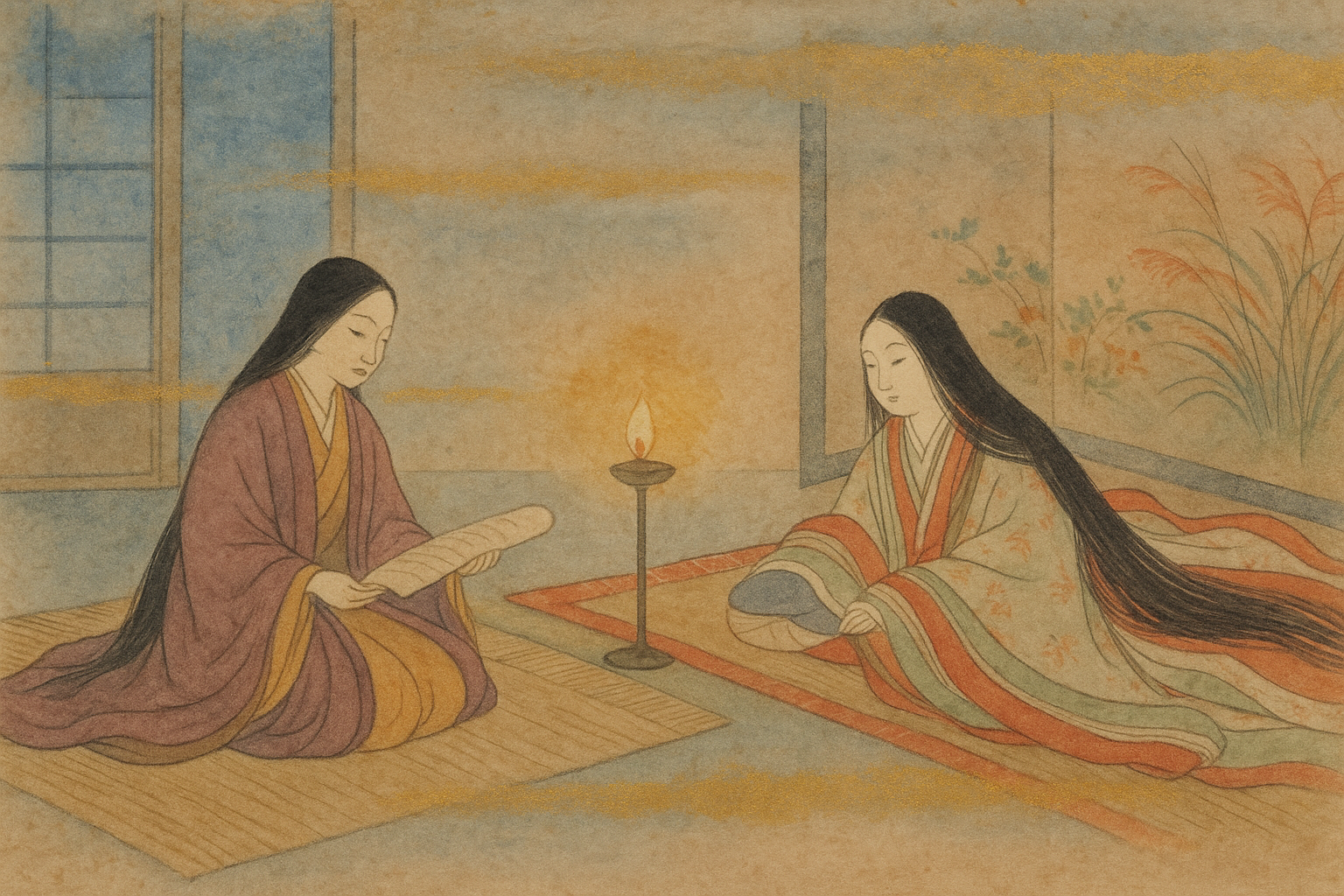 Murasaki reads the novel aloud to Empress Shoshi by lamplight in the pre-dawn hour — composition and reception in secret, before the courtiers wake.