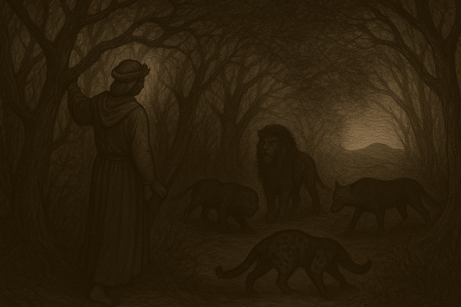 Dante lost in the dark wood, the leopard, lion and she-wolf prowling between the trees and the distant sunlit hill beyond.