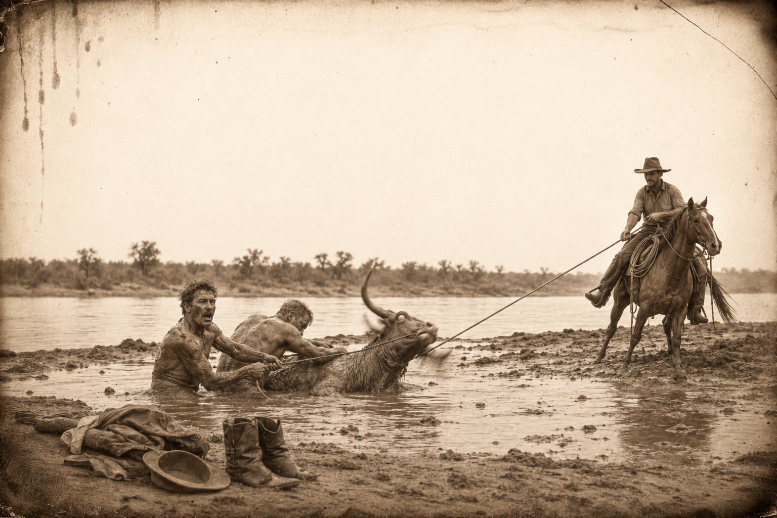 Five or six weak cows bog coming out; Dish and Soupy strip off and wade into the mud to get ropes on them while Bert Borum pulls them free.