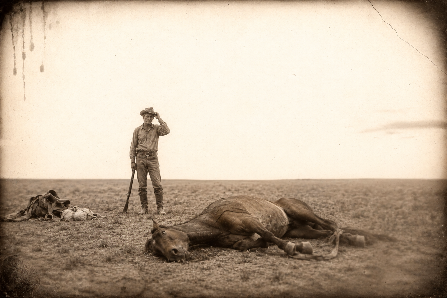 Three days north of Dodge, July stands over the second horse, crippled trying to throw a hobble, and faces the fact that he has lost it.