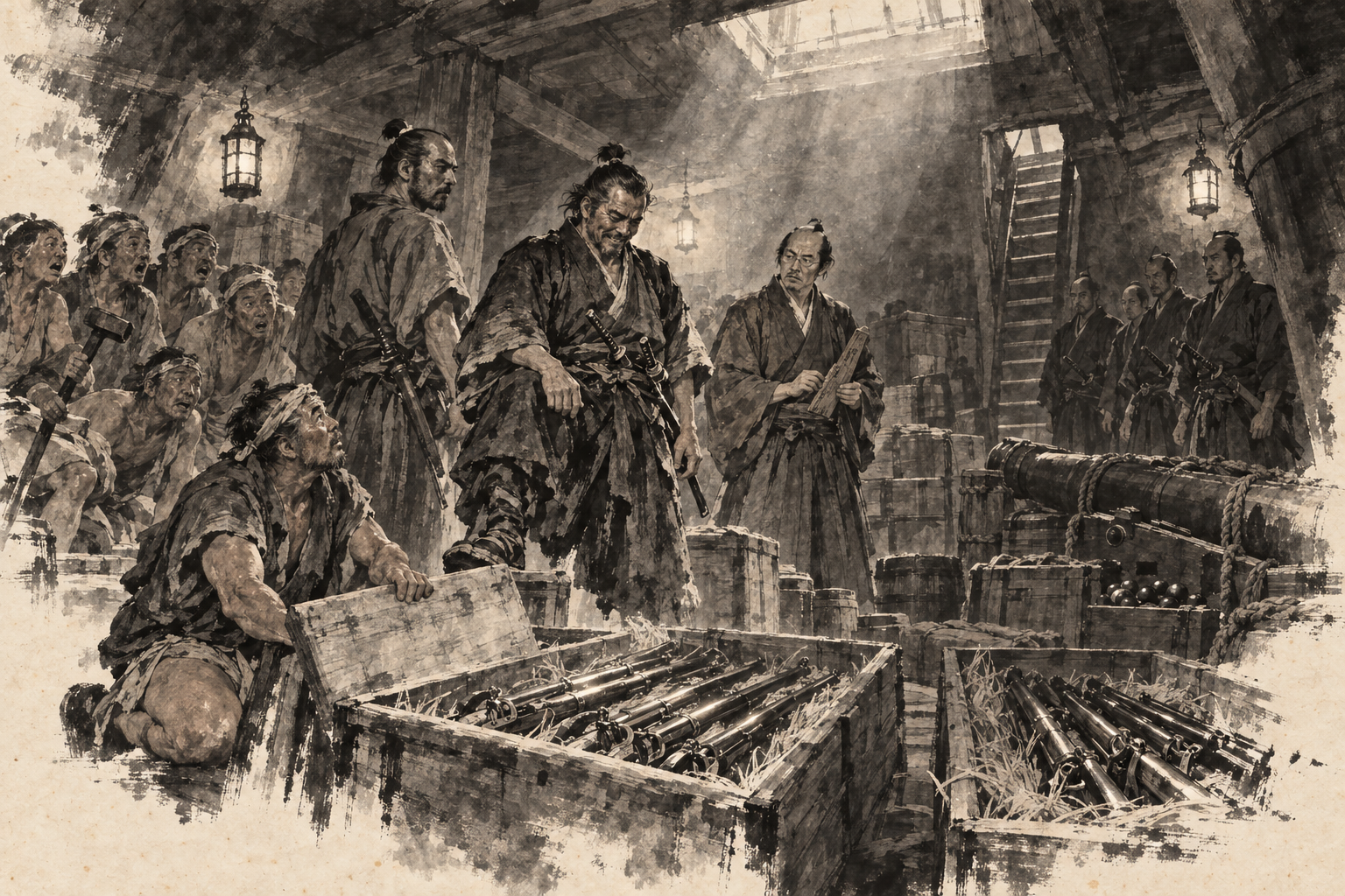 Muskets uncrated in the Erasmus hold
