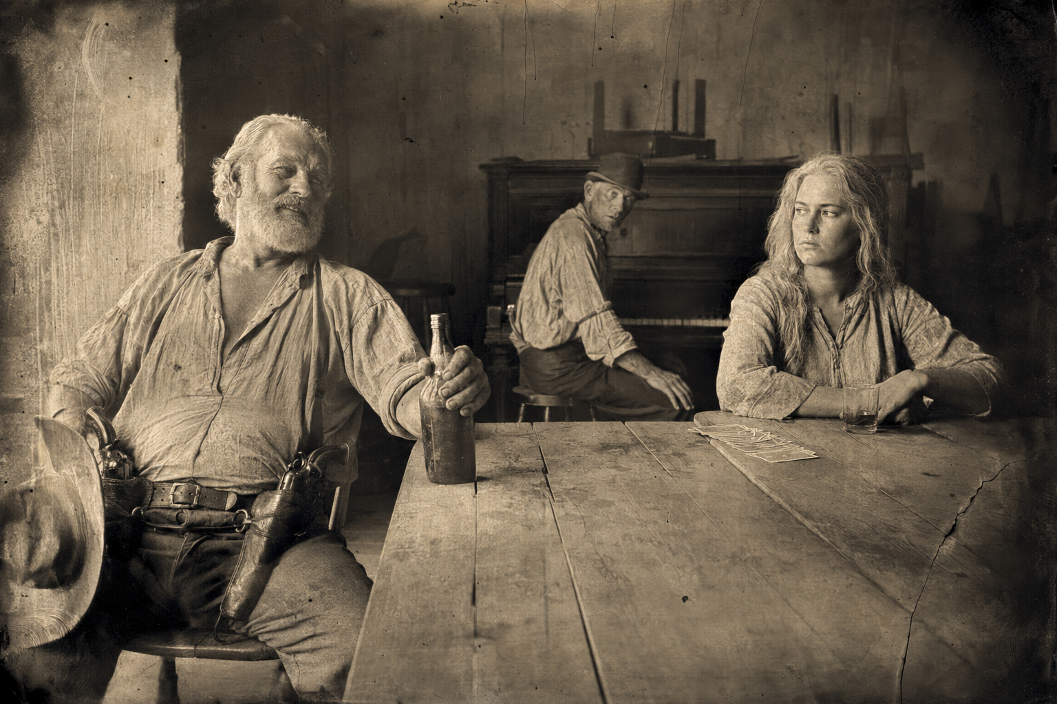Gus hangs his hat on a chair, pours her a whiskey, and says he wants a poke — as casual as asking to borrow two bits; Lorena sits stumped, and Lippy listens with his lip hanging.
