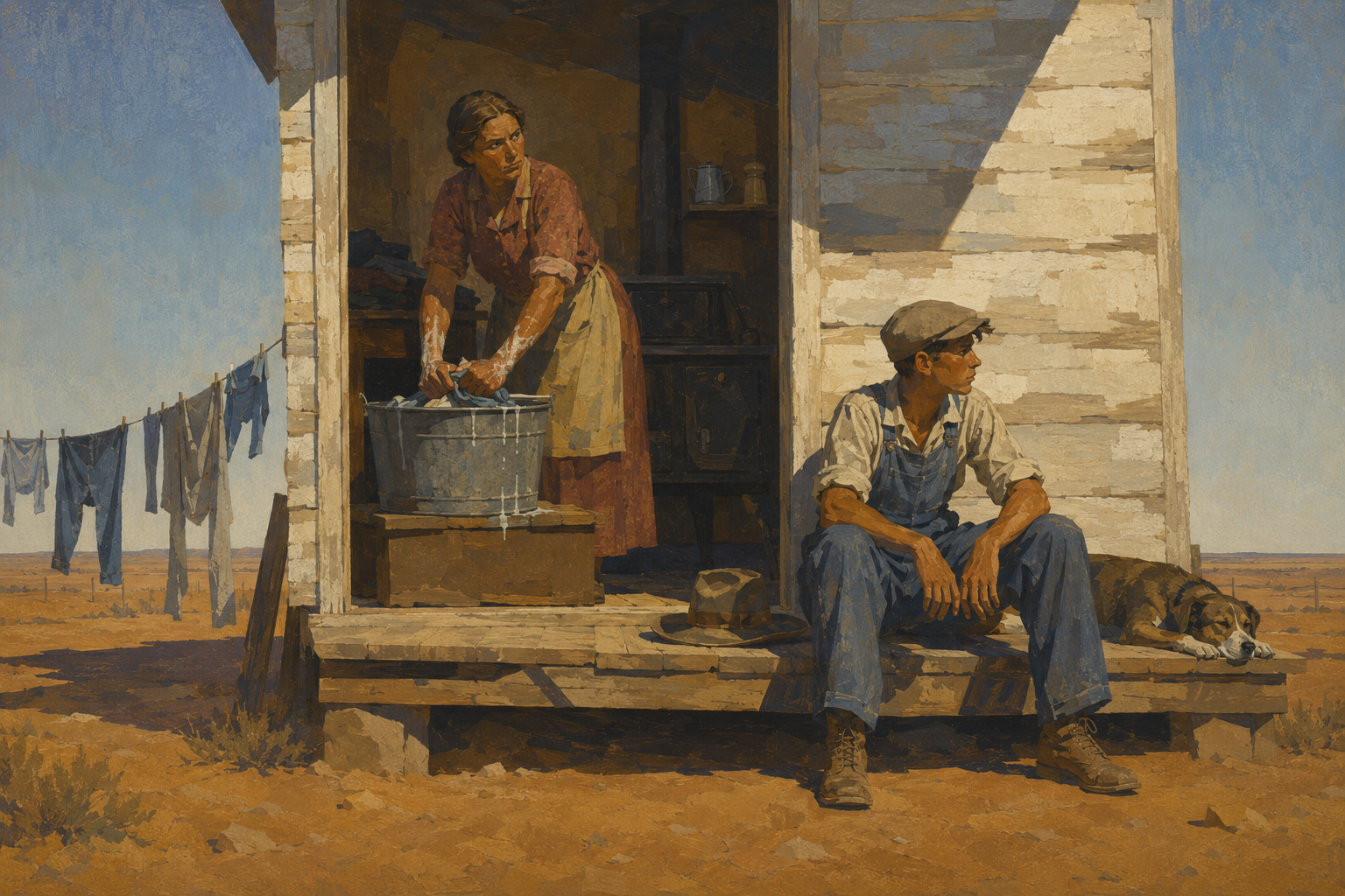 Ma at the wash bucket, Tom on the doorstep