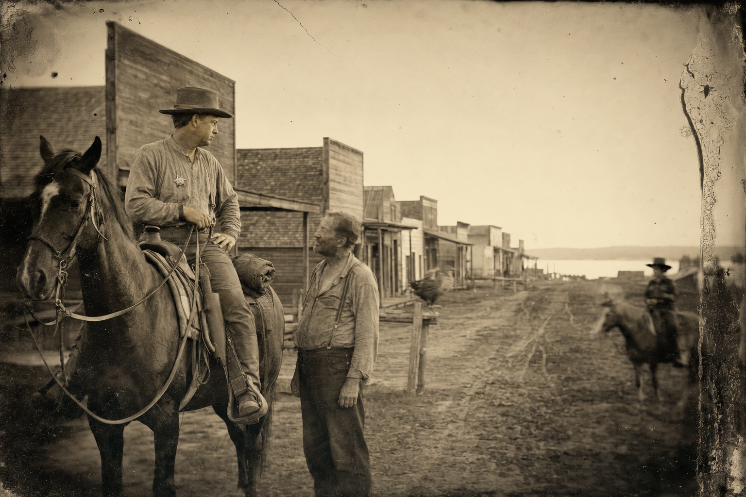 Mounted and unwilling to go, July sits looking at the shining river and tells Roscoe to look after Ellie.