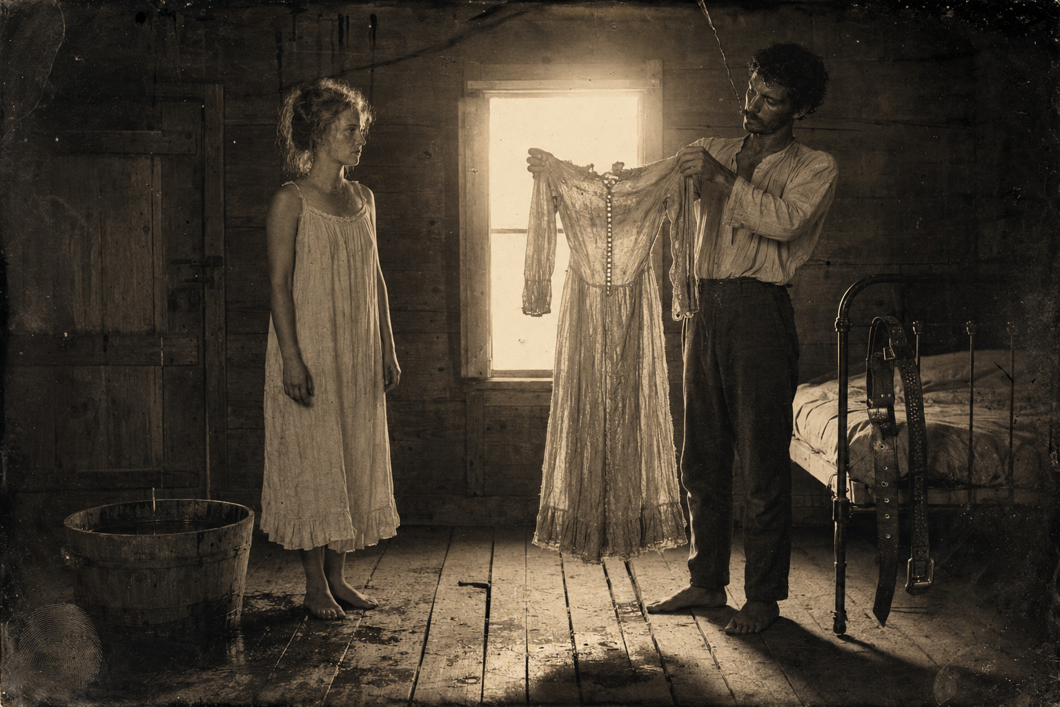 Jake holds the undone dress up and remarks critically on the frayed collar — the first man ever to notice her clothes, and some glow seeps out of the moment.