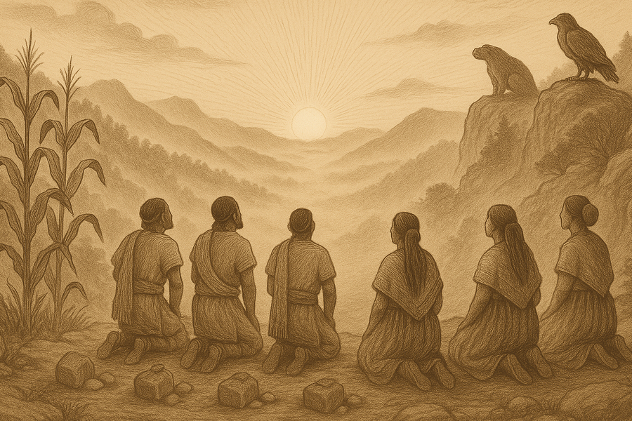 The first maize people lifting their faces toward the first true dawn over the Guatemalan highlands.