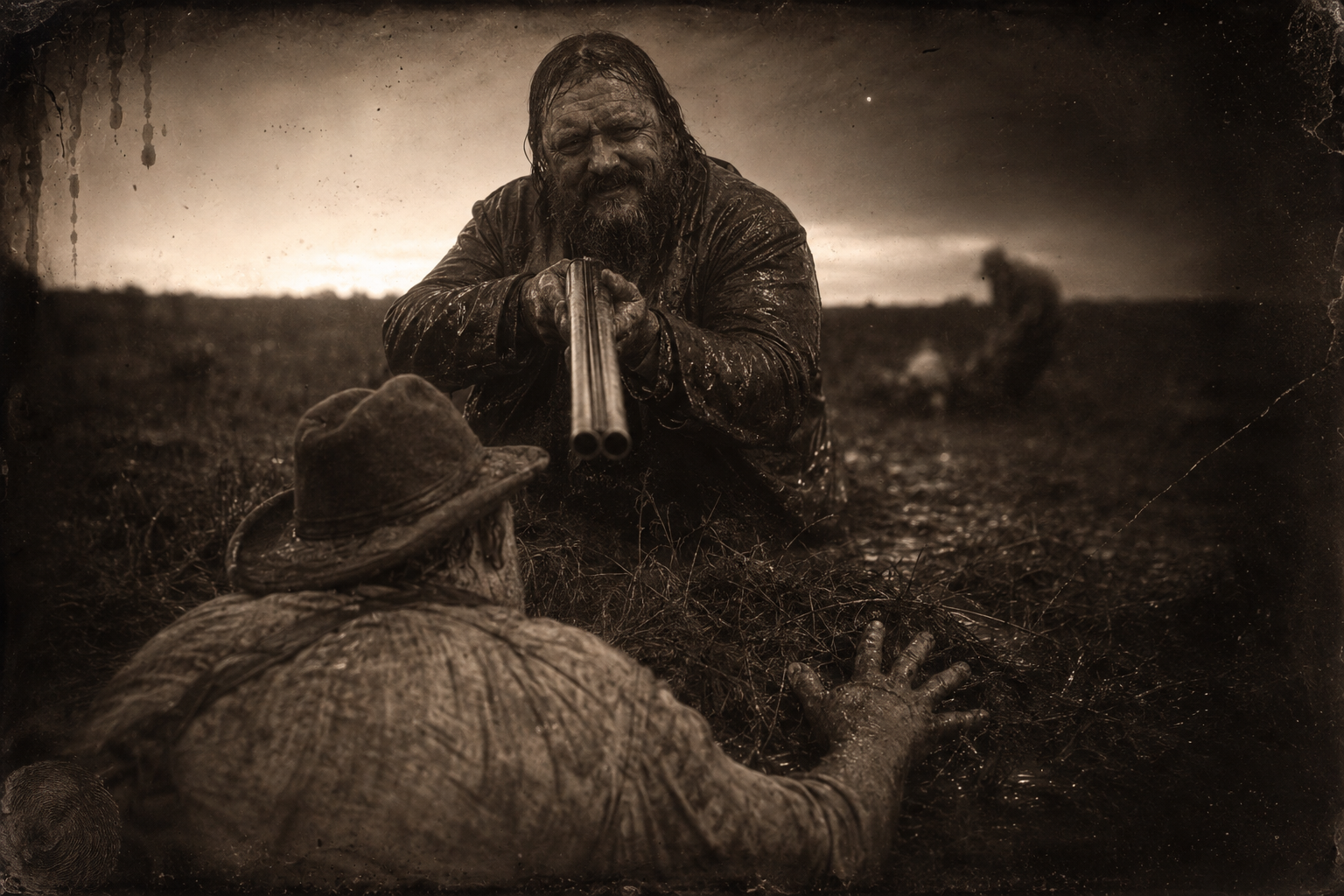 Roscoe climbs the muddy bank into the barrels of Hutto's shotgun and finds Jim astride Janey in the wet grass, Hutto's boot planted on her arm so her wrists can be tied.