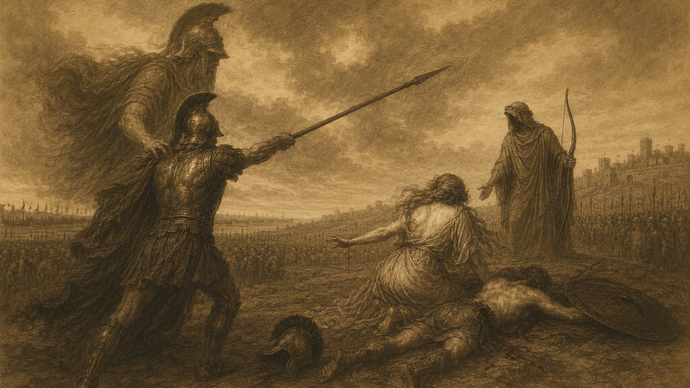 Pen-and-ink: The Aristeia of Diomedes; Gods Wounded