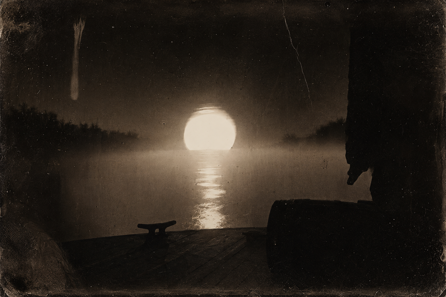 The full moon rising out of the smoky river, so large it seems at first to touch both banks.