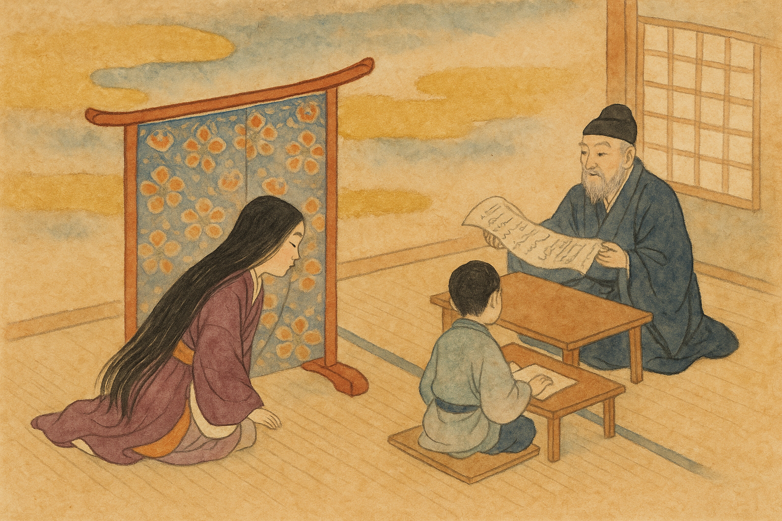 The young Murasaki listens from behind a kichō curtain as her brother is tutored in Chinese — the forbidden knowledge passing through the screen.