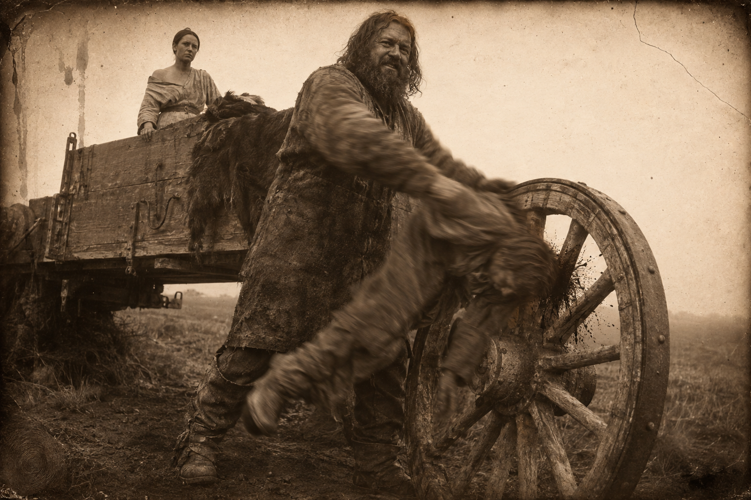 Zwey drags Luke over the side of the wagon before good light and smashes his head into the iron rim of the wheel, smiling as though playing with a child.