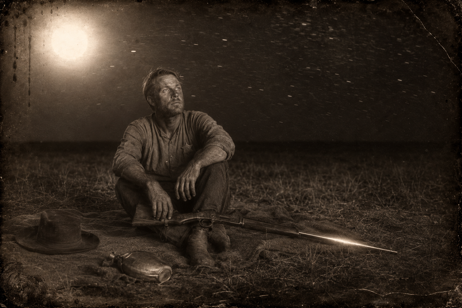 The sleepless dry camp — July sits on his blanket all night watching the moon climb, the rifle barrel gleaming beside him.