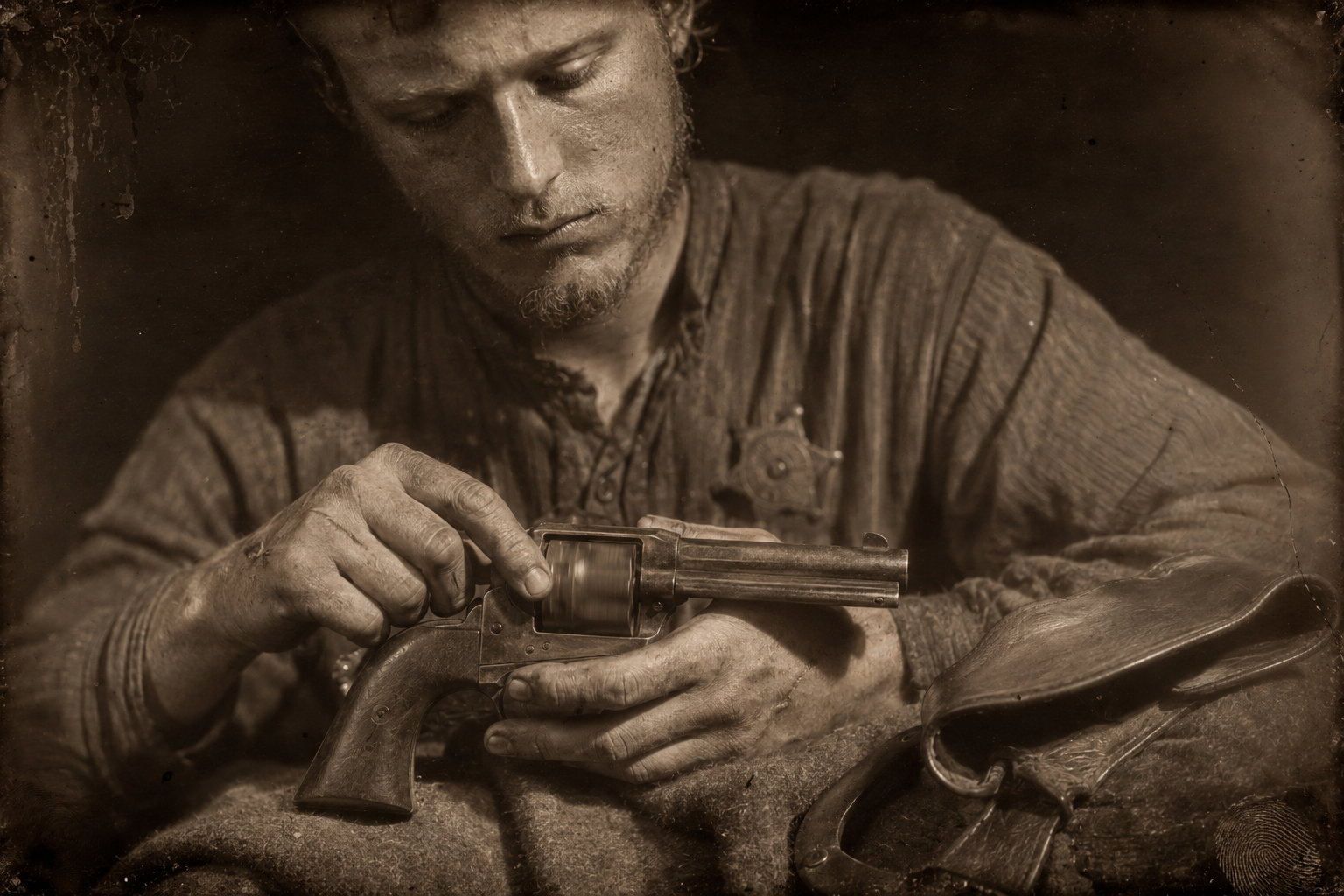 He takes out the pistol and slowly turns the cylinder, listening to the heavy clicks, and does not raise it.
