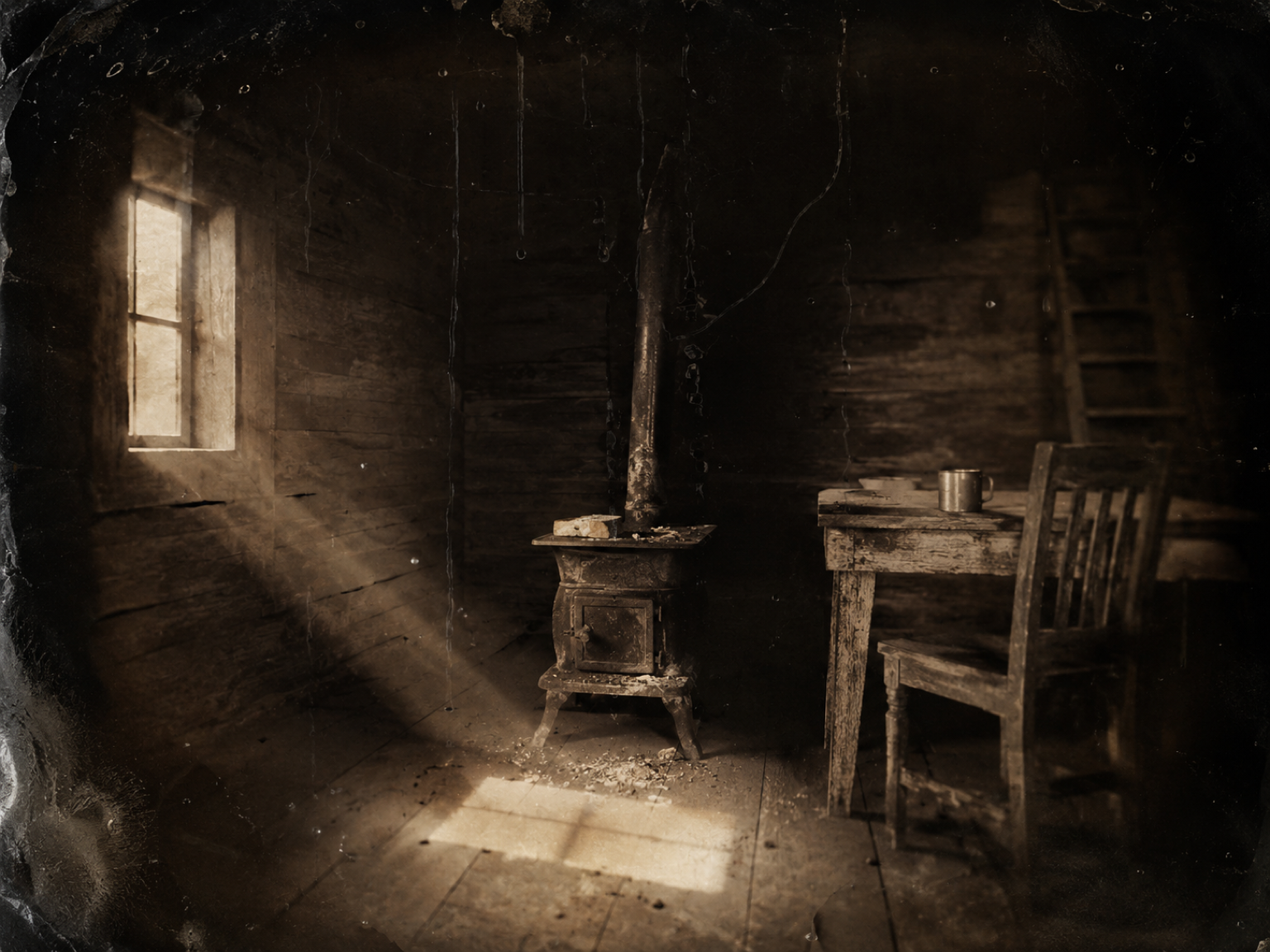 The cabin is empty — nobody has been in it for a day or two, and a slab of corn bread sits on the cookstove already well nibbled by mice.