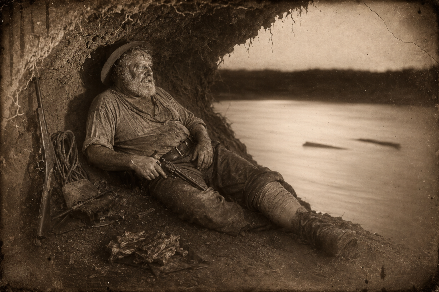Augustus keeps his pistol cocked all night in the cave under the riverbank, feverish and watching the black water for a floating log.