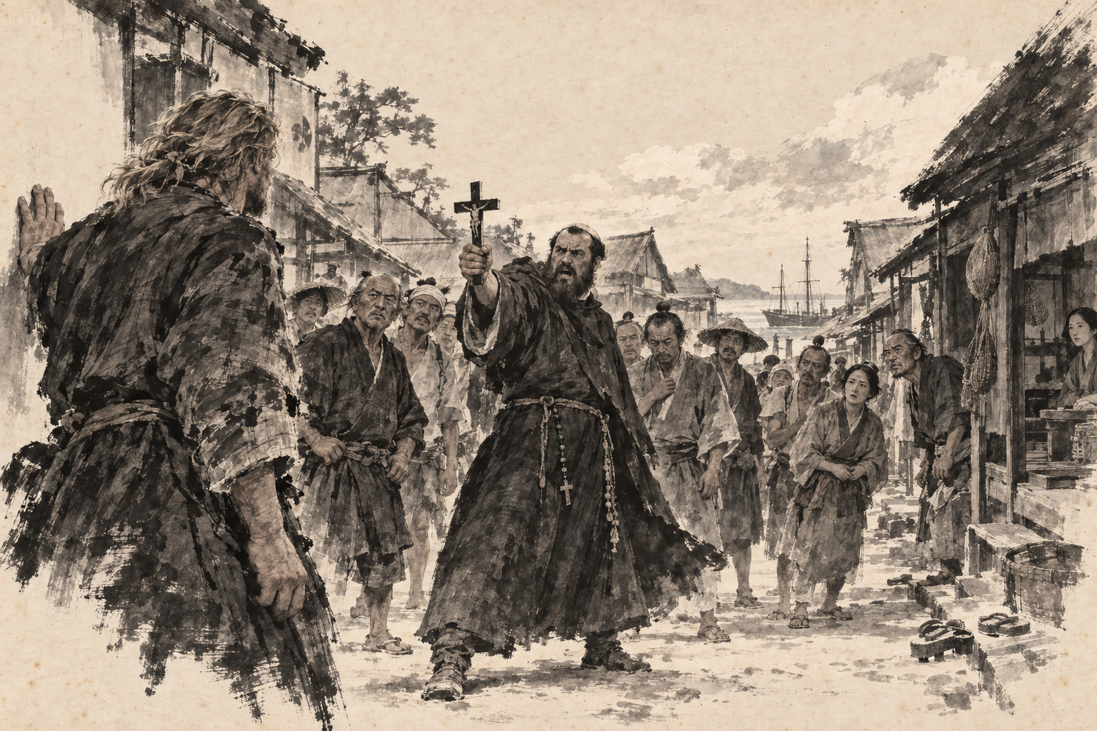 Father Sebastio raises the crucifix